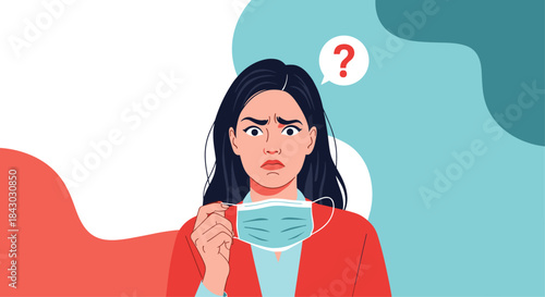 Worried woman wearing a surgical mask stands puzzled as she questions health safety guidelines and searches for clear information in a bright illustrated scene.