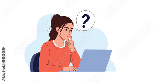 Determined student sits at a laptop contemplating a difficult online problem while seeking an answer with a thoughtful expression and a question mark above.