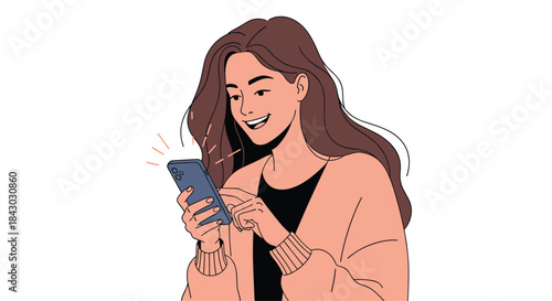 Young woman with brown hair smiles while using her smartphone in cozy peach cardigan and black top creating a relaxed everyday moment of connection and focus.