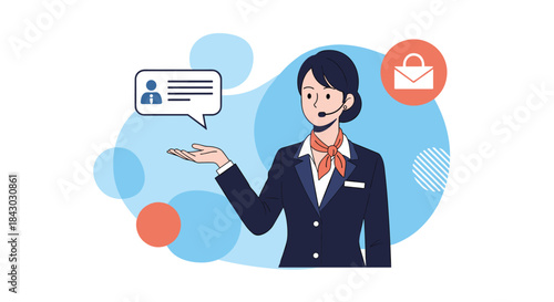 Professional customer service representative in a navy blazer explains client information using chat and envelope icons against a modern abstract background.
