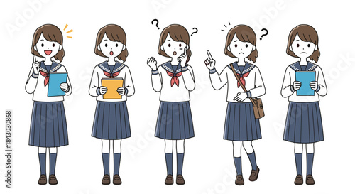 five schoolgirls in matching uniforms engage in study and discussion with notebooks as they pose questions and share ideas during a classroom scene.