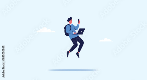Energetic remote worker leaps into the air while holding a smartphone and using a laptop in mid flight against a pale blue sky.