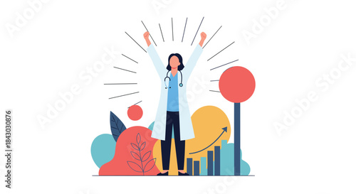 Joyful doctor in a lab coat celebrates success and victory with raised fists amid colorful abstract shapes and rising health indicators.