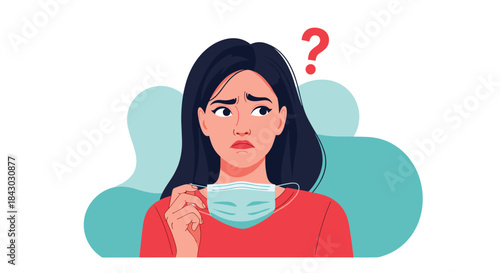 Woman wearing a red shirt looks puzzled as she holds a medical mask and wonders about safety and protection in everyday situations.
