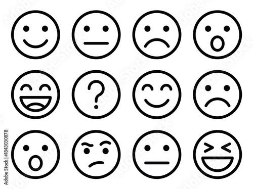 Set of twelve different emotion face icons in a grid.