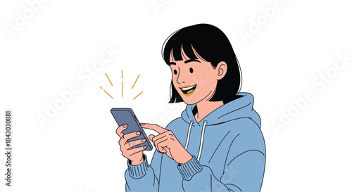 Young woman in a blue hoodie smiles while looking at her smartphone and enjoying a casual moment of mobile communication and connection.