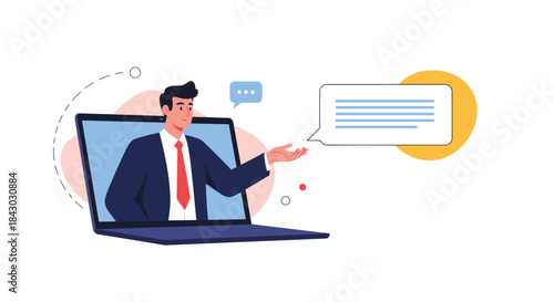 Business professional appears from a laptop screen delivering a remote presentation with chat bubbles and interactive dialogue in a modern digital workspace.