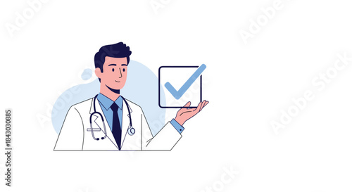 Doctor explains medical approval and safety with a confident gesture showing a large blue checkmark to signal completion of a health assessment.
