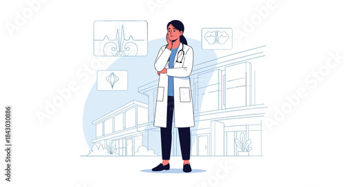 Dedicated physician in a white coat stands thoughtfully in front of a modern hospital while reviewing medical diagrams and planning patient care and treatment.