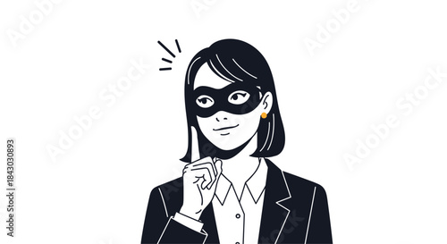 Masked businesswoman in a blazer and white shirt stands thoughtfully with a hand near her chin conveying mystery confidence and professional focus.
