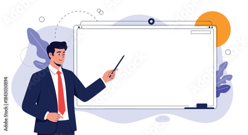 Business presenter uses a pointer to explain complex ideas on a large whiteboard in a modern classroom scene focused on clear communication and engagement.
