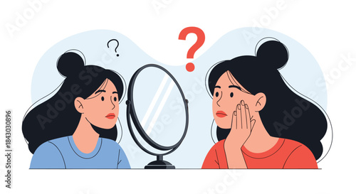 Two women gaze into a mirror with thoughtful expressions and question marks above them as they explore self image and inner doubt about their appearance.