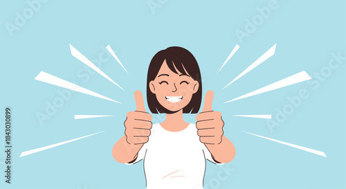 Smiling woman with thumbs up stands confidently against a bright blue background conveying positivity encouragement and a sense of approval and success.