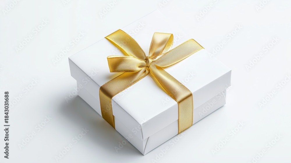 Fototapeta premium Elegant White Gift Box Wrapped with Golden Ribbon, Perfect for Celebrations and Special Occasions