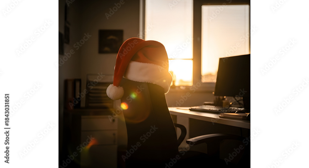 Fototapeta premium Silla de oficina con gorro de Papá Noel frente a ventana al amanecer, luz dorada y copy space para saludo corporativo de Navidad