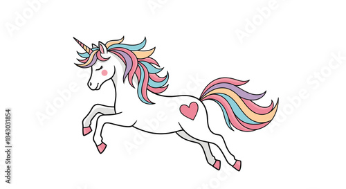 Pastel unicorn with a flowing multicolored mane trots gracefully across a white background displaying a pink heart on its flank and a sense of magical whimsy.