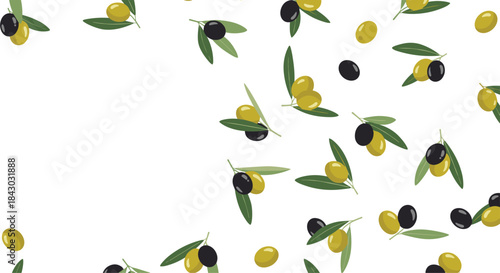 Olive pattern featuring green and black olives with slender leaves scattered on a white background for seamless texture suitable for background design.