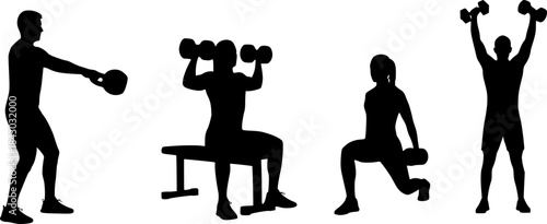 Four exercise silhouettes — kettlebell swing, seated dumbbell shoulder press, lunge with dumbbell, standing dumbbell shoulder press, fitness training illustration set