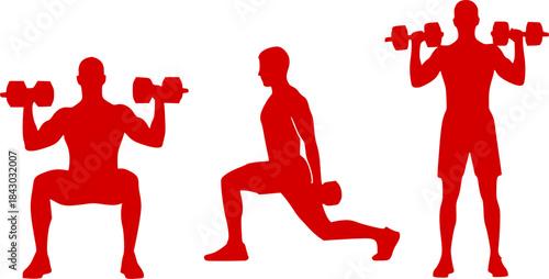 Four exercise silhouettes — kettlebell swing, seated dumbbell shoulder press, lunge with dumbbell, standing dumbbell shoulder press, fitness training illustration set
