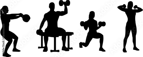 Four exercise silhouettes — kettlebell swing, seated dumbbell shoulder press, lunge with dumbbell, standing dumbbell shoulder press, fitness training illustration set