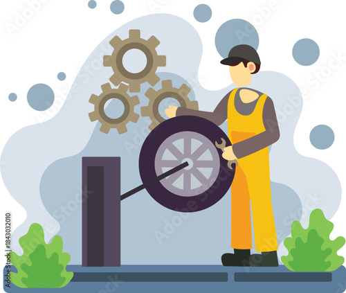Mechanic repairing wheel using wrench illustration