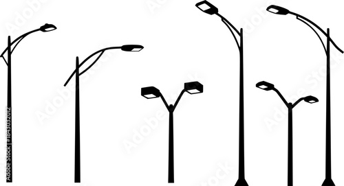 Streetlight silhouette collection, dual arm lamp post designs, urban lighting illustration, modern city pole artwork, outdoor night architecture elements