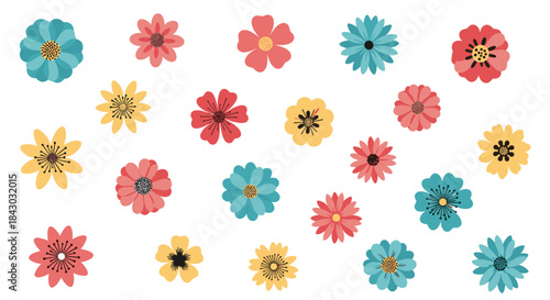 Colorful assortment of illustrated flowers scattered across a white background creating a vibrant playful pattern of blue teal pink red and yellow blossoms.