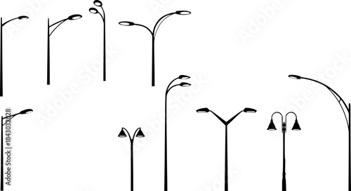 Streetlight silhouette collection, dual arm lamp post designs, urban lighting illustration, modern city pole artwork, outdoor night architecture elements