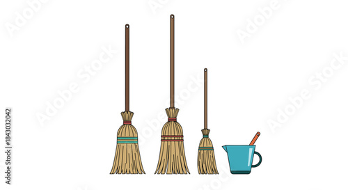 Three straw brooms of varying heights stand upright beside a small blue mug with a wooden spoon on a plain white background depicting everyday cleaning tools.