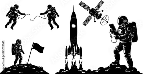 Black and white space exploration silhouettes of astronauts floating, planting flags, operating satellite, and a rocket launching in space
