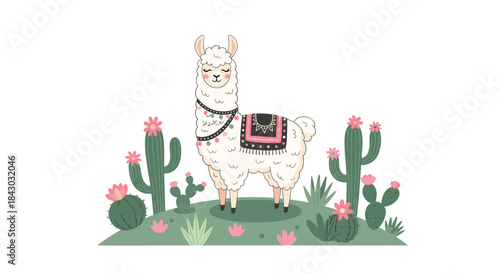 Playful fluffy llama stands in a sunny desert among tall cacti and pink flowers wearing a decorative saddle blanket in a whimsical folk art style.