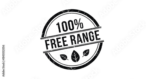 Official stamp style graphic signaling 100 percent free range products with natural leaf icons and a round seal that conveys ethical farming and animal welfare.