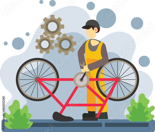 Bicycle mechanic fixing bike outdoors illustration