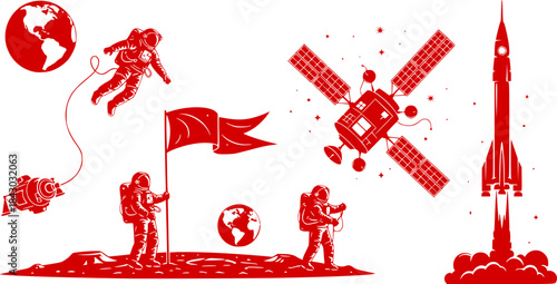Black and white space exploration silhouettes of astronauts floating, planting flags, operating satellite, and a rocket launching in space
