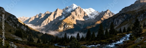 Ultra-Realistic Panoramic Mountainscape With Towering Peaks Snowfields Pine Forest Valleys Mist Dramatic Shadows Vibrant Nature Scenic Landscape Travel Adventure Background