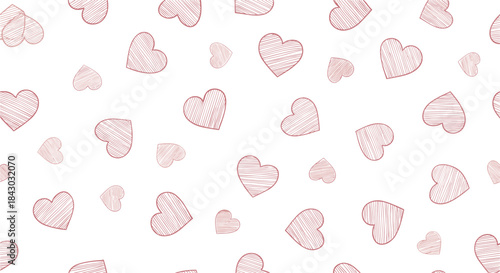 Pattern of hand drawn hearts scattered across a white background with soft pink and red sketch lines creating a whimsical romance themed design.