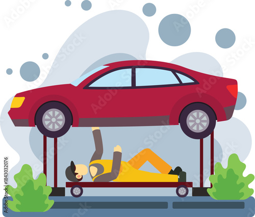 Mechanic inspecting car underside on lift illustration