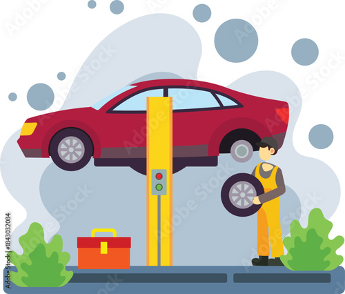 Mechanic changing tire on lifted car illustration