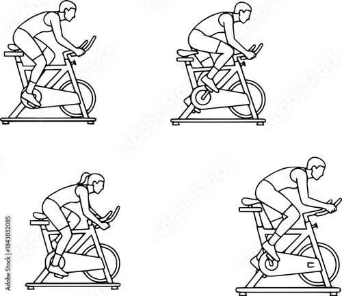 Indoor Cycling Silhouettes – Stationary Bike Workout, Spin Class Poses, Gym Cardio Training, Fitness Exercise Vector Illustration Set

