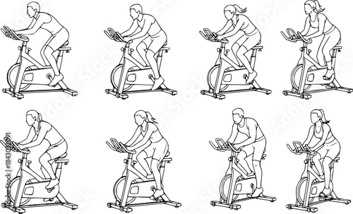 Indoor Cycling Silhouettes – Stationary Bike Workout, Spin Class Poses, Gym Cardio Training, Fitness Exercise Vector Illustration Set
