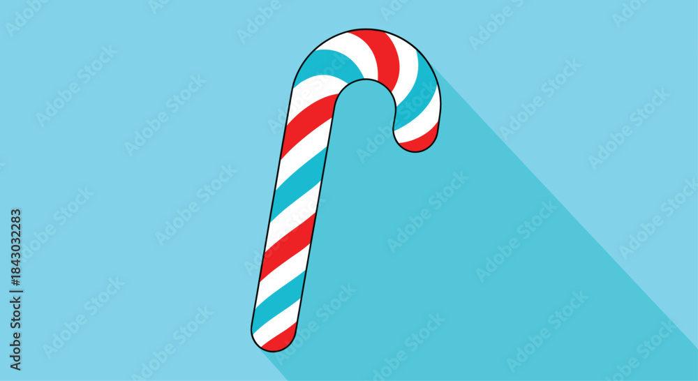 Obraz premium Candy cane with red white and blue swirls stands on a bright blue background casting a long diagonal shadow and evoking a playful festive mood.