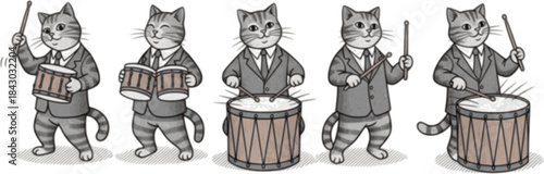 Cartoon black cat character illustrations playing musical instruments, crown, fish, guitar, violin, flute, whimsical animal artwork design sequence
