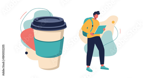 Illustration of a person with a backpack studying on a laptop beside a large disposable coffee cup against a bright abstract background with colorful shapes.