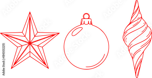 Black Christmas ornament silhouette set with star, round bauble, and spiral decoration, festive holiday vector design elements collection
