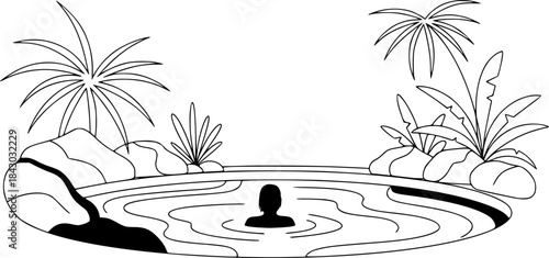 Thermal Spa Hot Spring Pool Minimalist Line Art Vector
