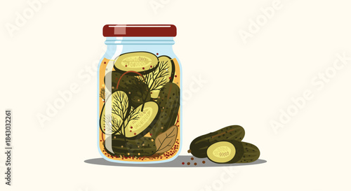 Vibrant pickles are stored in a glass jar with cucumber slices visible through brine and dill leaves while few extra cucumbers rest beside on light background.