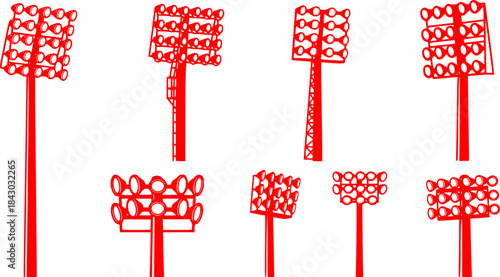 Stadium light pole silhouette set, floodlight vector illustration, sports field illumination design, outdoor arena lighting system, electricity infrastructure drawing, engineering lamp collection