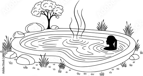 Thermal Spa Hot Spring Pool Minimalist Line Art Vector
