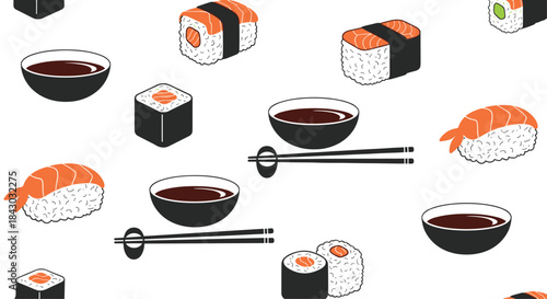 Colorful assortment of sushi pieces including nigiri and maki with soy sauce bowls and chopsticks in a repeating pattern.