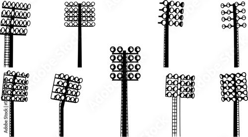 Stadium light pole silhouette set, floodlight vector illustration, sports field illumination design, outdoor arena lighting system, electricity infrastructure drawing, engineering lamp collection